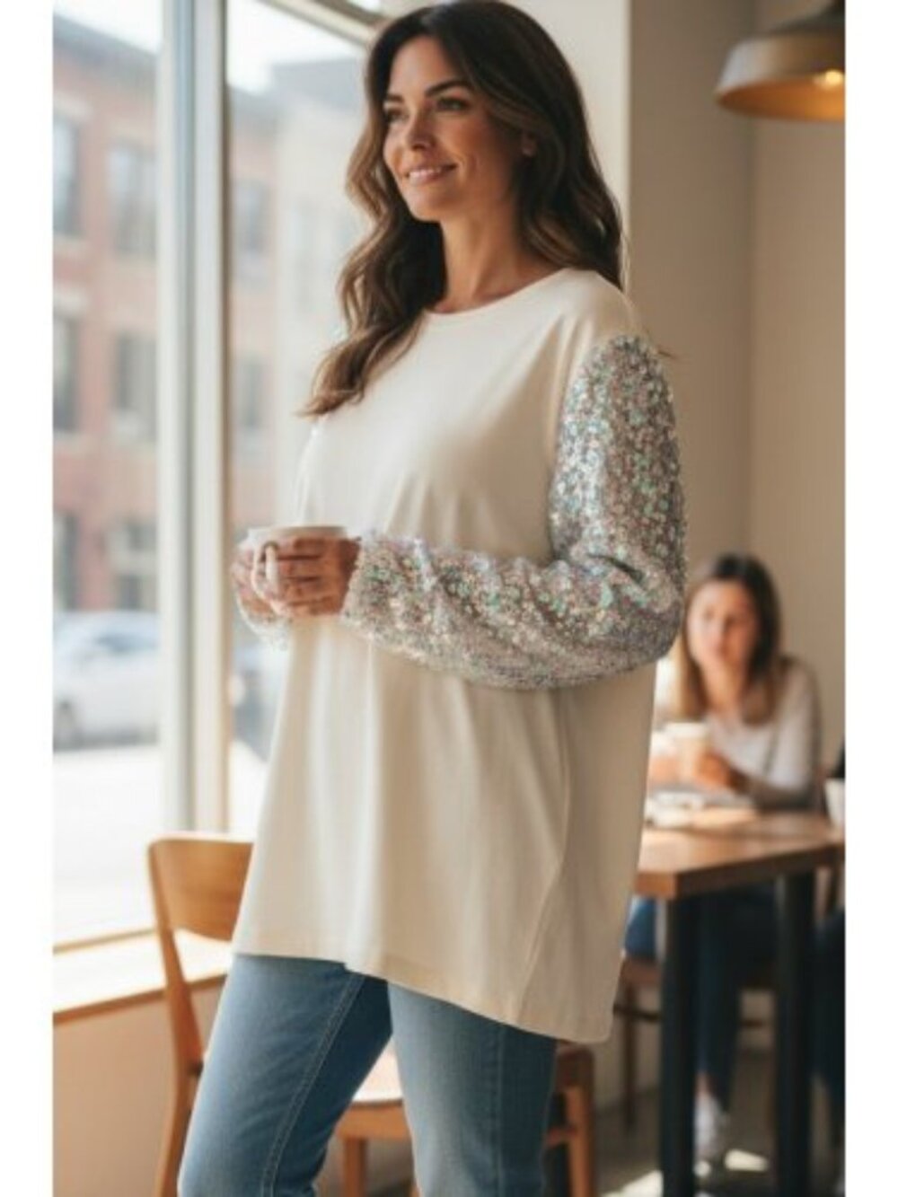 STUDIO 1886 Winter White Sequined Sleeve Pullover Top Ladies XL Size 16